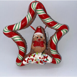Gingerbread man cookie candy cane striped ornament frosting sprinkles New